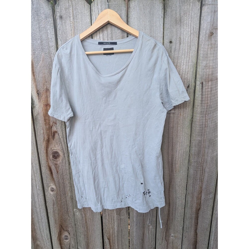 Ksubi T Shirt Small Light Green Tan Distressed 100% Cotton Short Sleeve